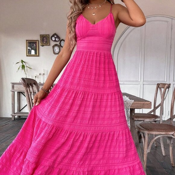 Pink Boho Ladies' Textured Long Slip Dress With Spaghetti Straps - Picture 1 of 6